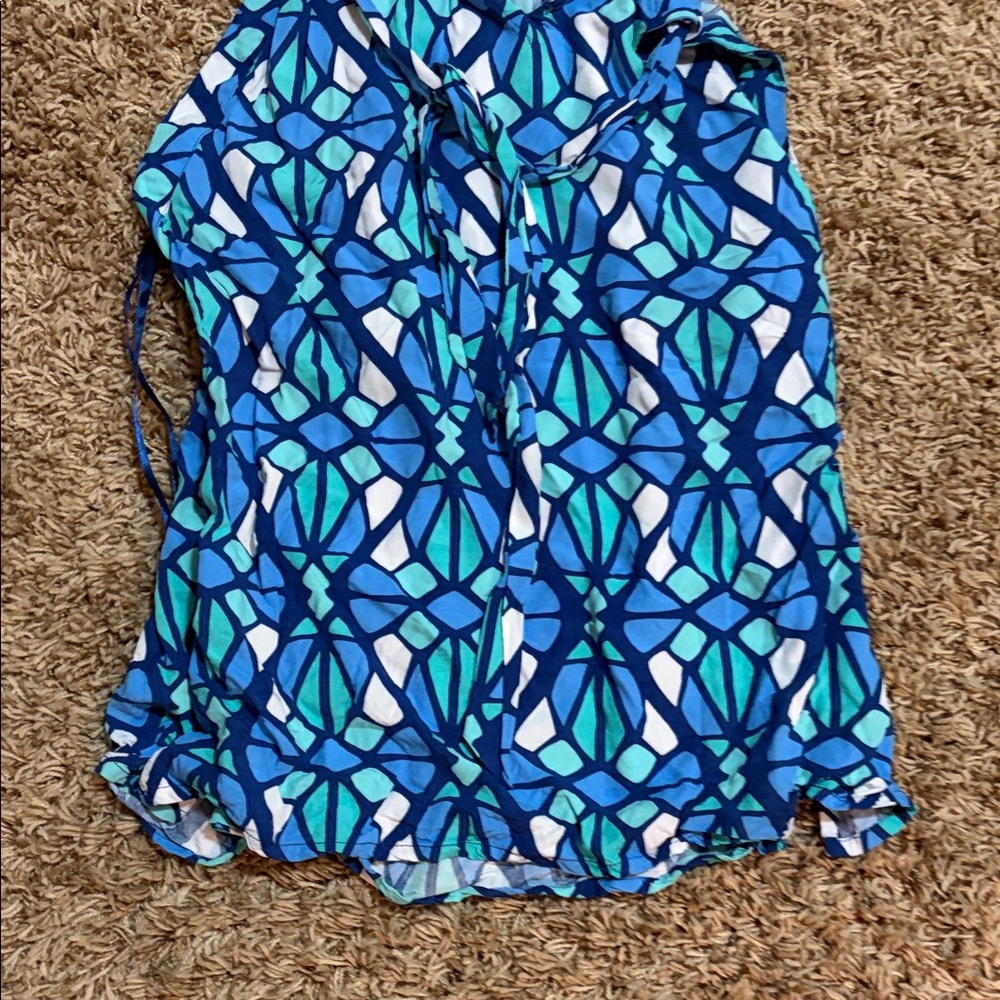 Blue Geometric Print Summer blouse Sz XL